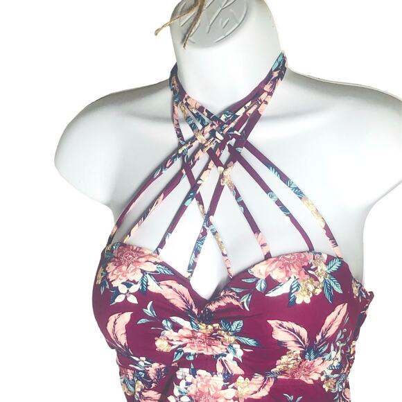 Ambrielle Size Large Burgundy Floral Strappy Bikini Top - Picture 10 of 13